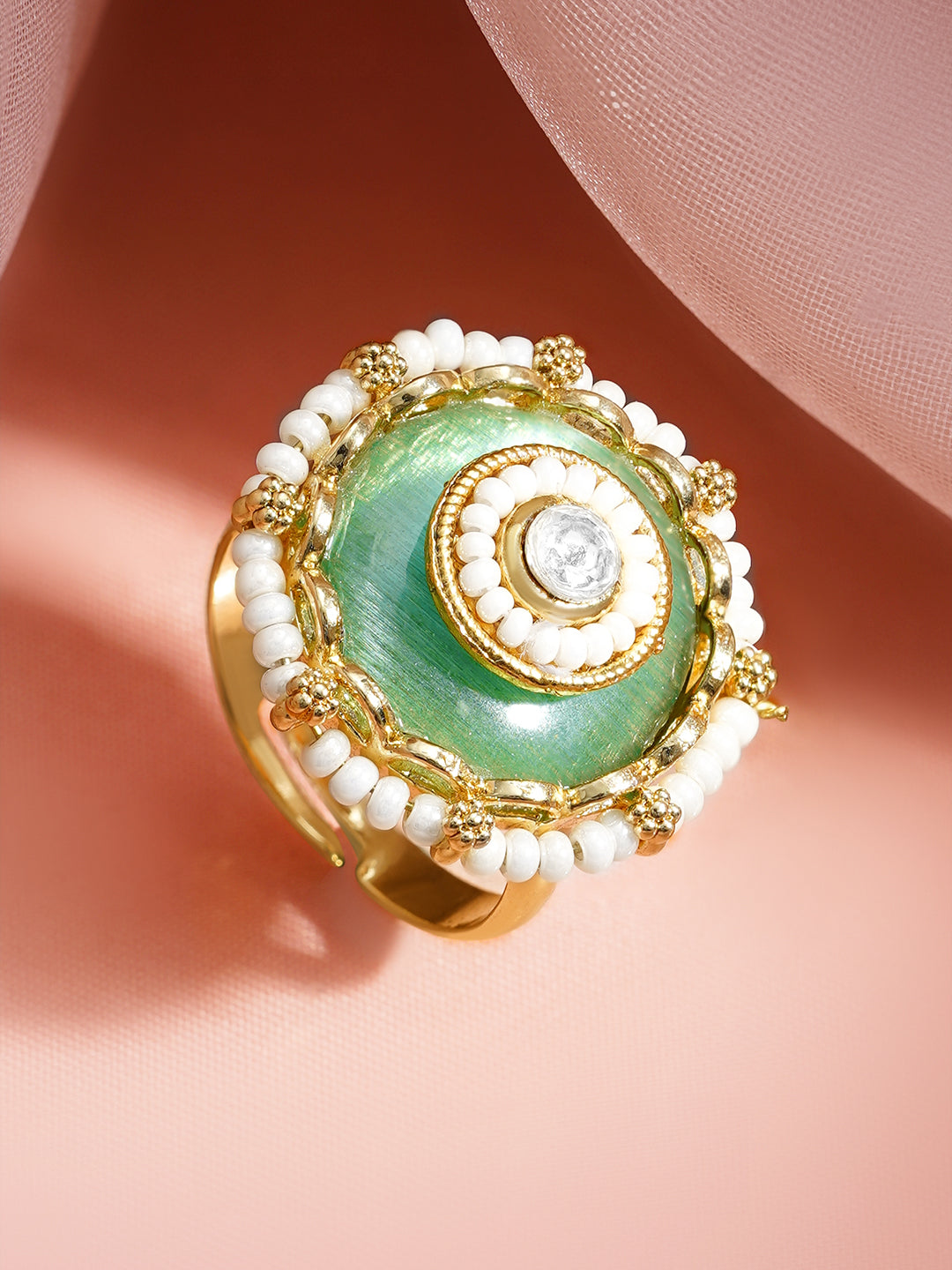 【Rubans】 Gold Plated Green Enamel Pearl Adjustable Ring｜ゴールドメッキ グリーンエナメル パール アジャスタブルリング