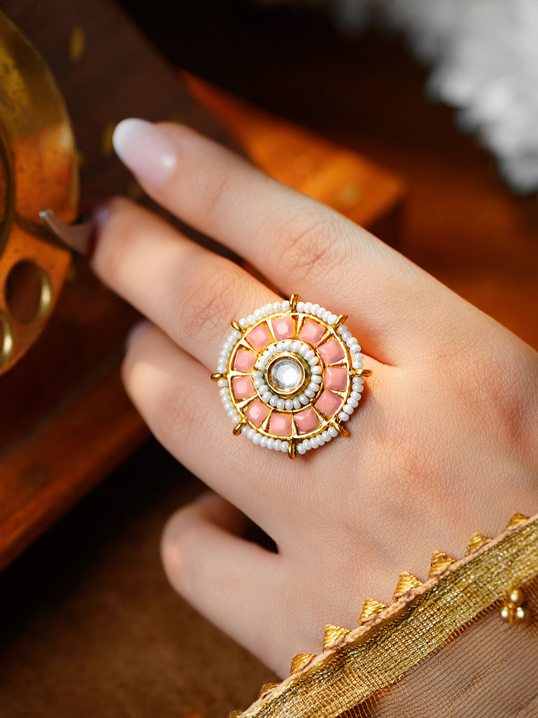 Pink Crystal Pearl Floral Statement Ring フリーサイズ
