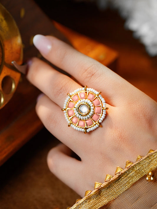 Pink Crystal Pearl Floral Statement Ring フリーサイズ