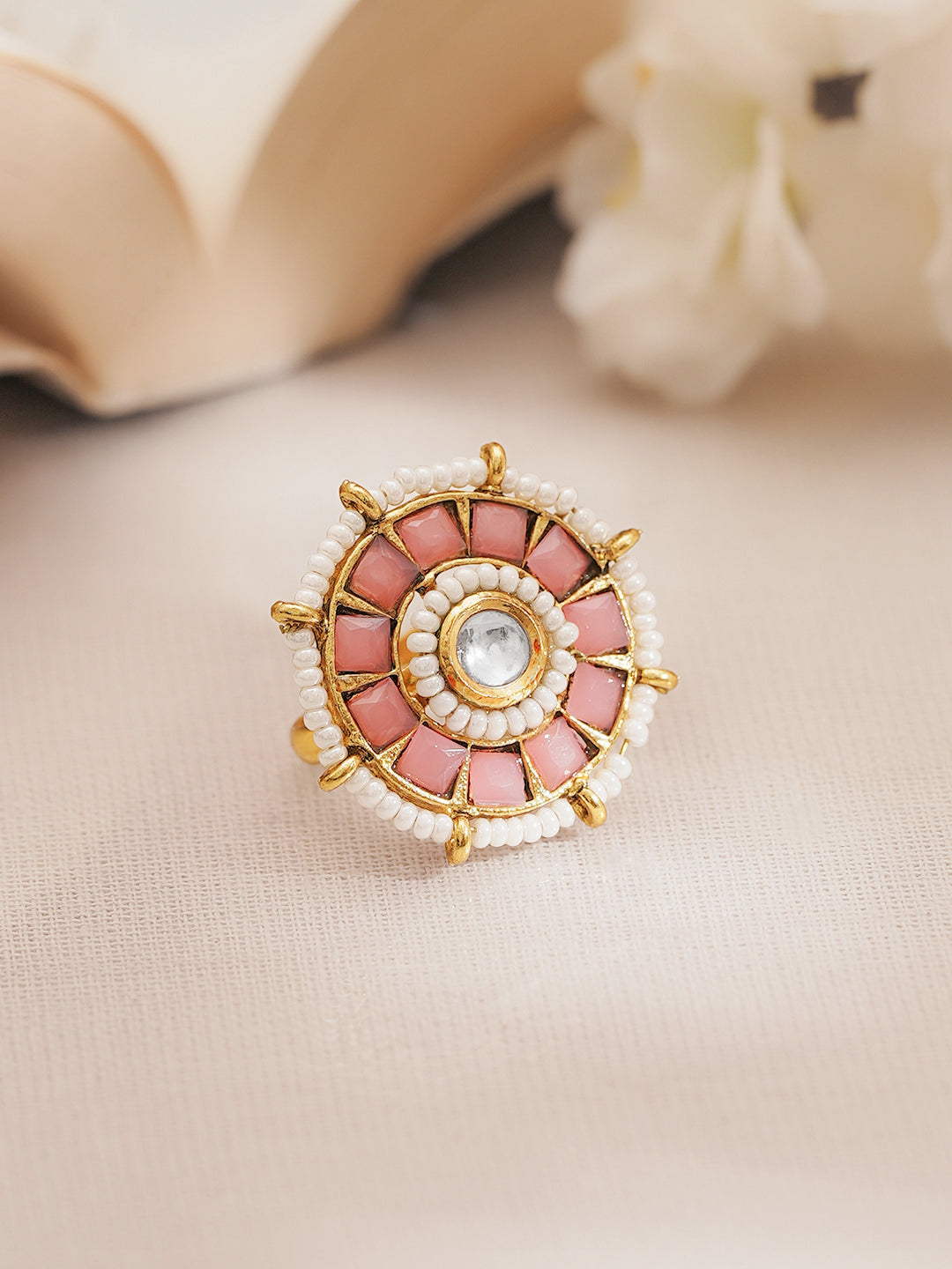 Pink Crystal Pearl Floral Statement Ring フリーサイズ