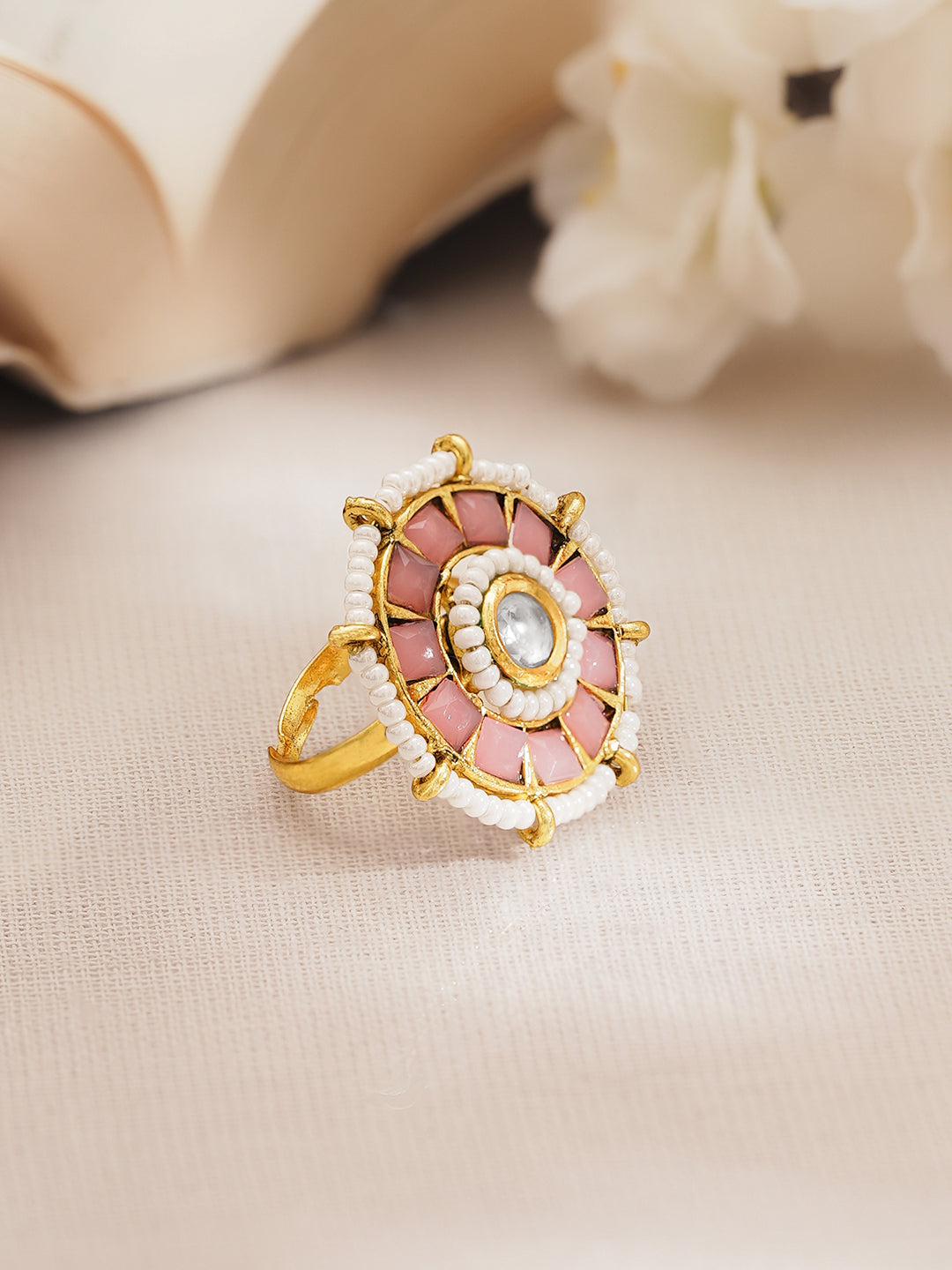 Pink Crystal Pearl Floral Statement Ring フリーサイズ