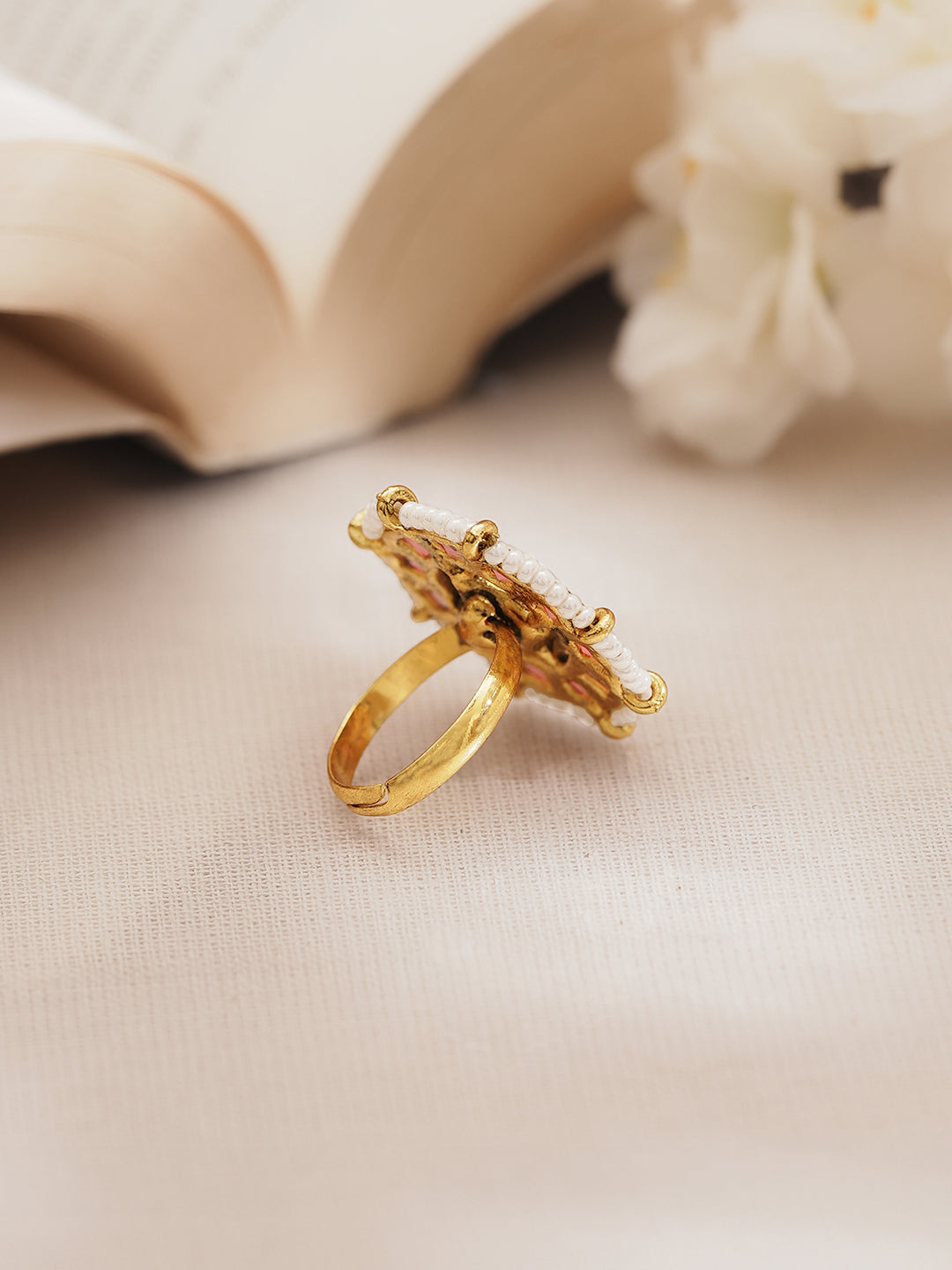 Pink Crystal Pearl Floral Statement Ring フリーサイズ