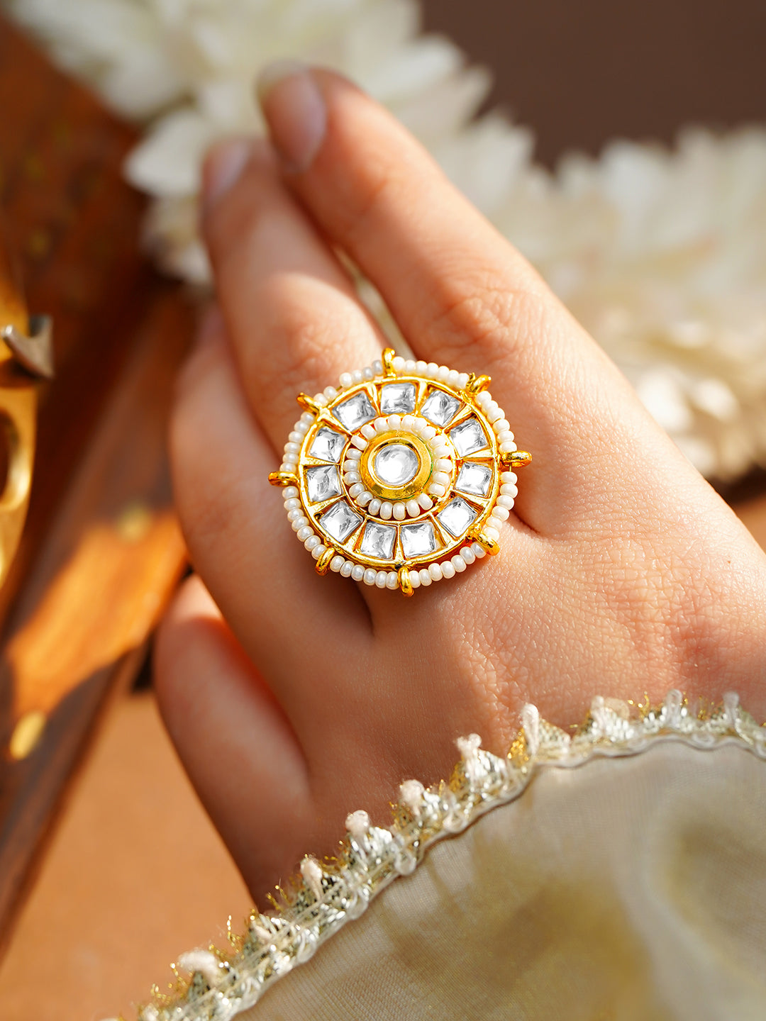 【Rubans】 Gold Plated Kundan Pearl Adjustable Ring｜ゴールドメッキ クンダン パール アジャスタブルリング