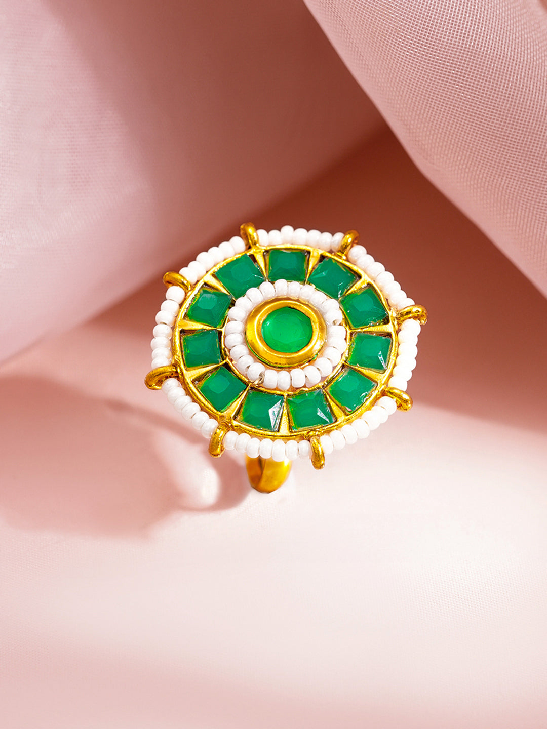Emerald Crystal Pearl Floral Statement Ring フリーサイズ