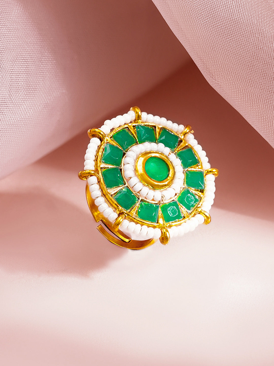 Emerald Crystal Pearl Floral Statement Ring フリーサイズ