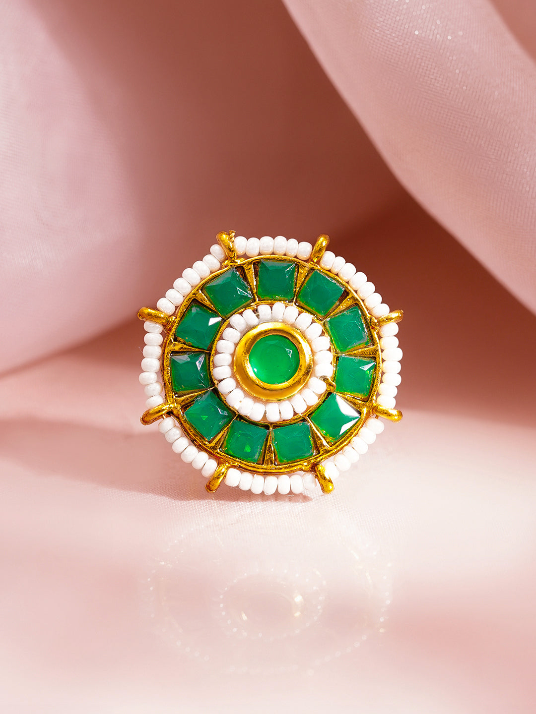 Emerald Crystal Pearl Floral Statement Ring フリーサイズ