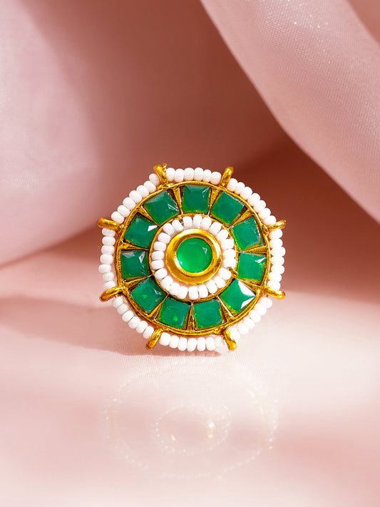 Emerald Crystal Pearl Floral Statement Ring フリーサイズ