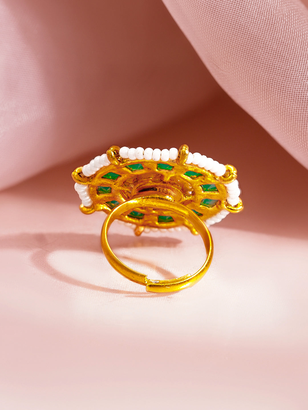 Emerald Crystal Pearl Floral Statement Ring フリーサイズ