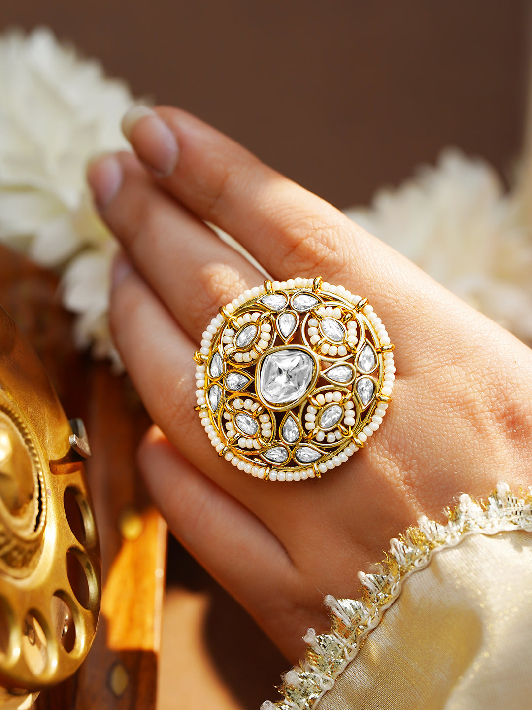 Wedding Glow Kundan Pearl Statement Ring フリーサイズ