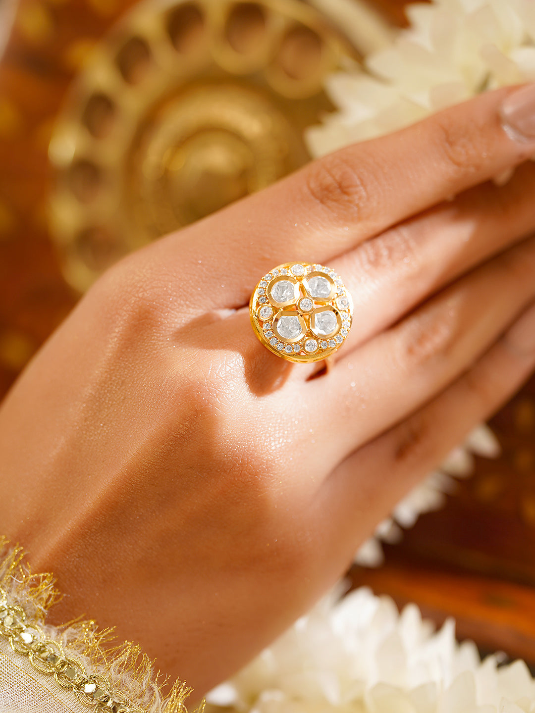【Rubans】 Gold Plated Kundan Halo Adjustable Ring｜ゴールドメッキ クンダン ハロー アジャスタブルリング