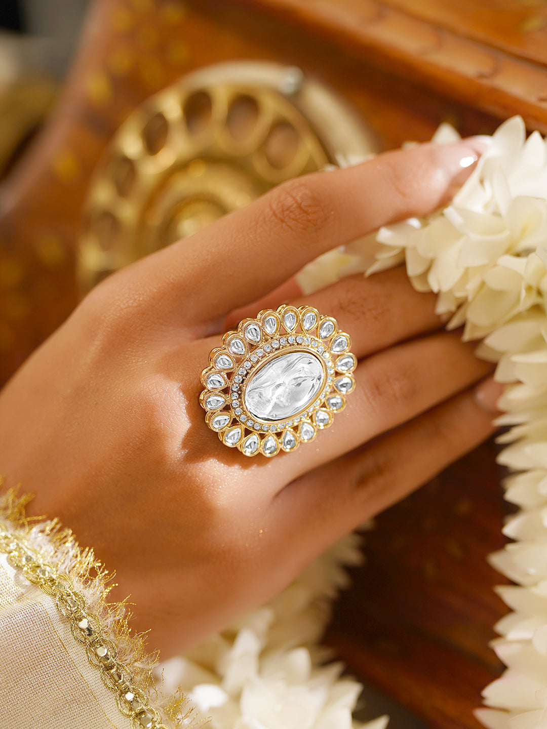 【Rubans】 Gold Plated Oval Kundan Adjustable Ring｜ゴールドメッキ オーバル クンダン アジャスタブルリング