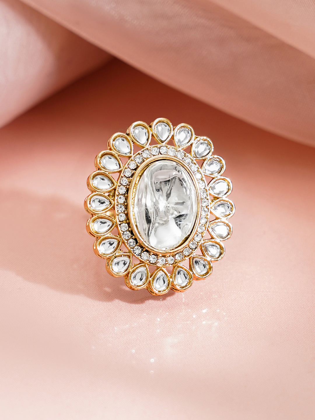 【Rubans】 Gold Plated Oval Kundan Adjustable Ring｜ゴールドメッキ オーバル クンダン アジャスタブルリング