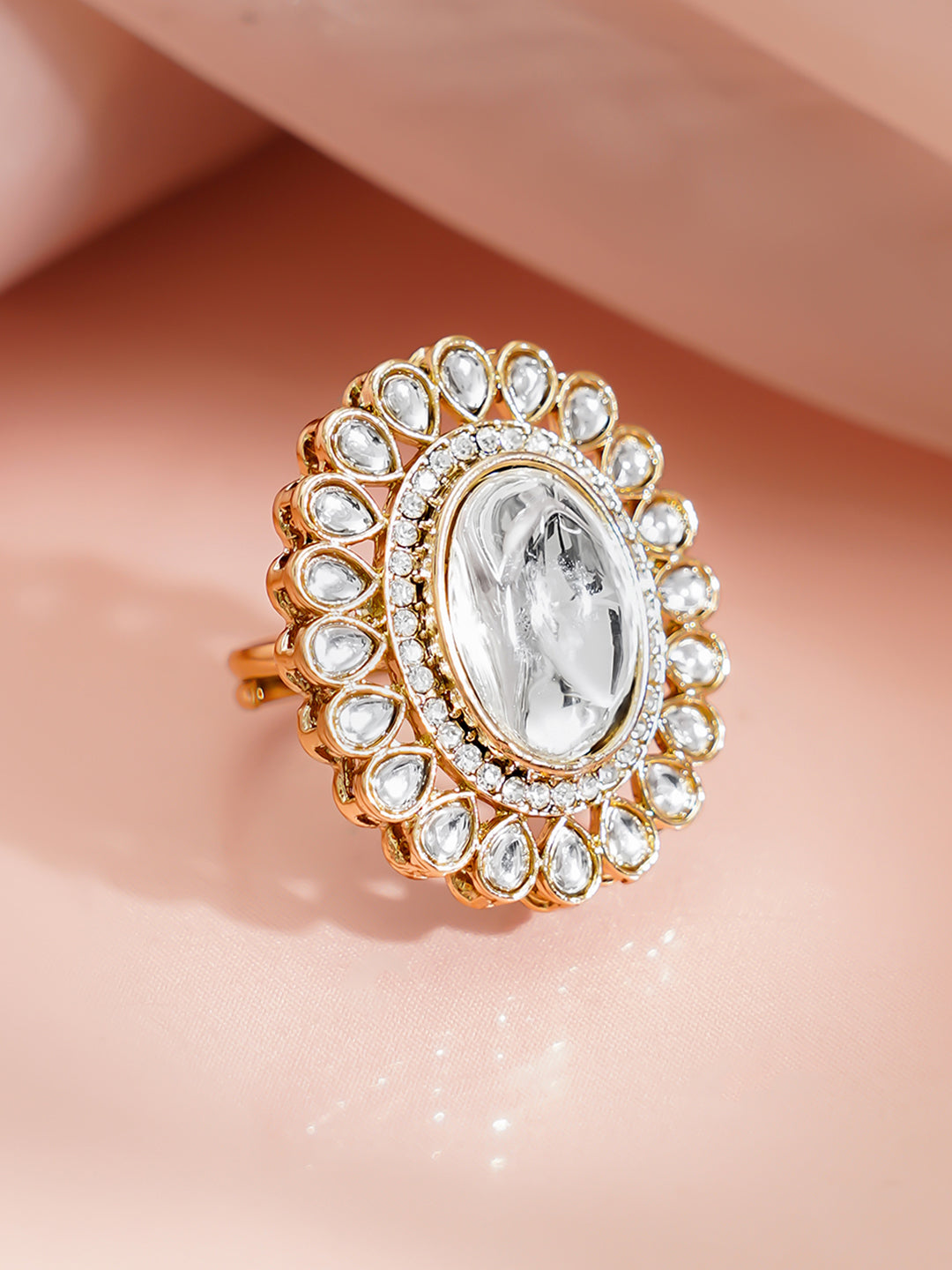 【Rubans】 Gold Plated Oval Kundan Adjustable Ring｜ゴールドメッキ オーバル クンダン アジャスタブルリング