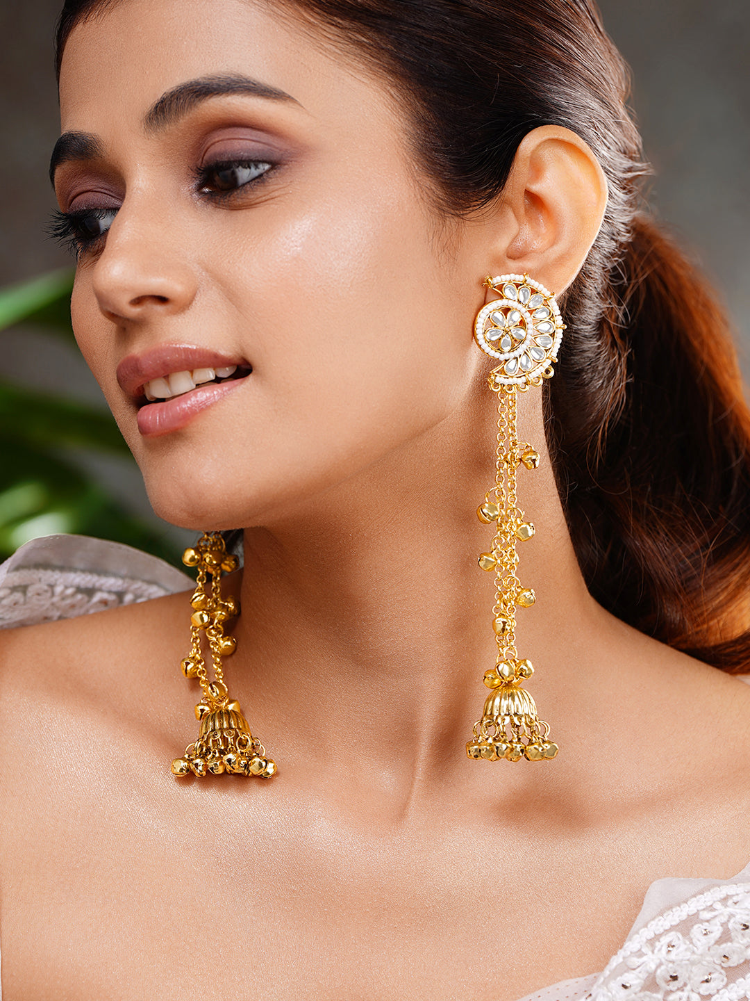 Floral Kundan Crescent Tassel Jhumka Earrings フリーサイズ
