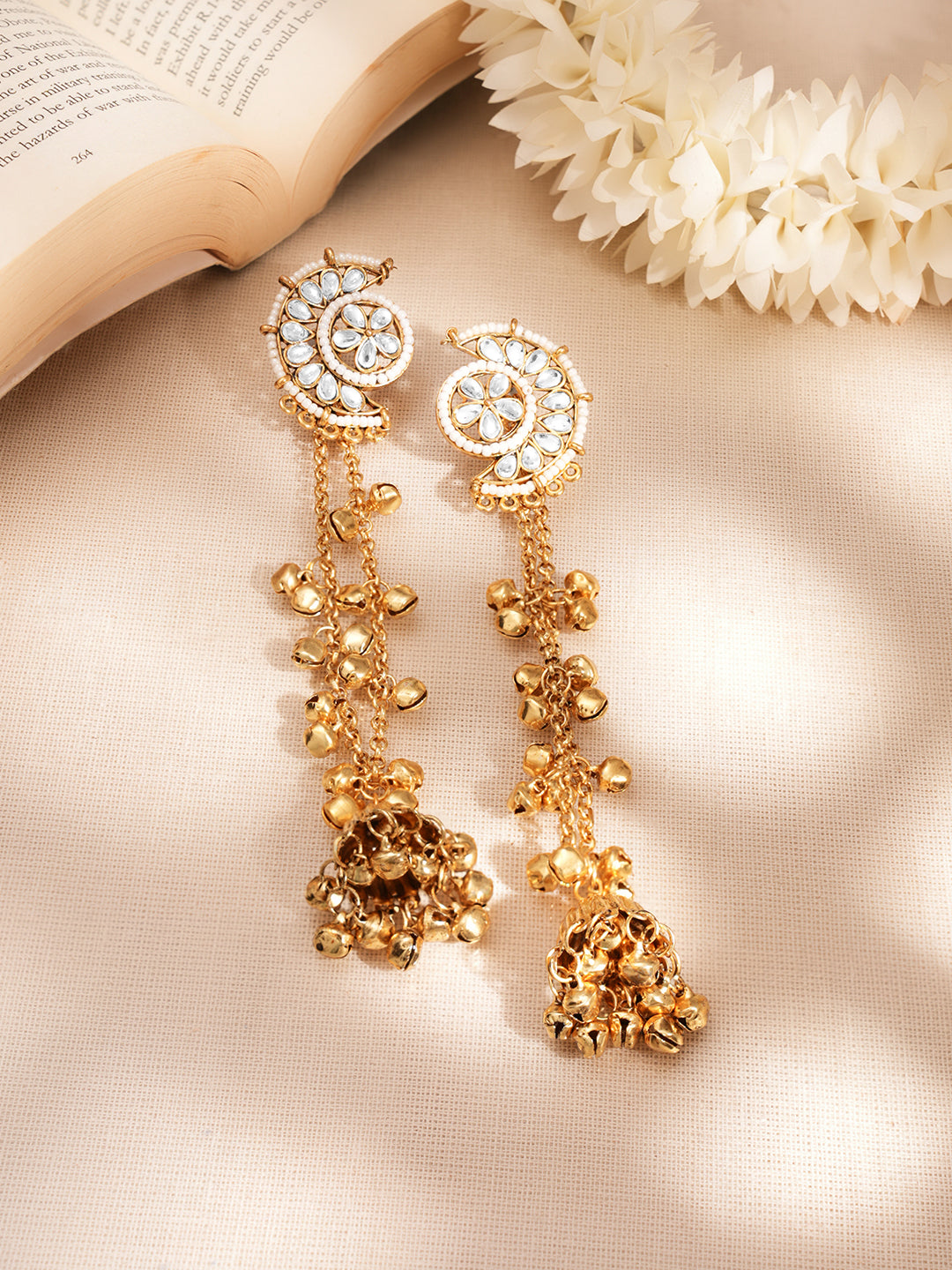 Floral Kundan Crescent Tassel Jhumka Earrings フリーサイズ