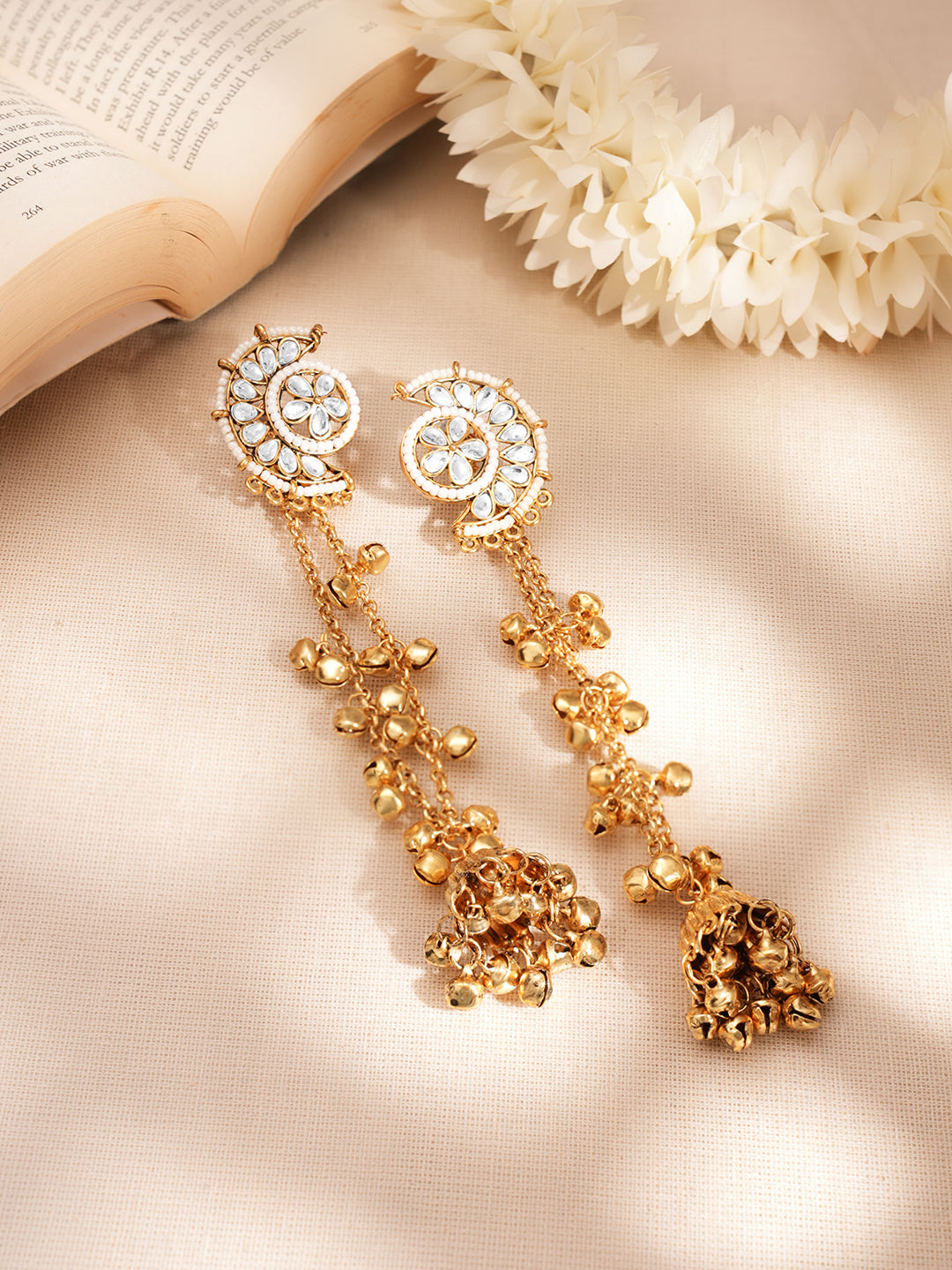 Floral Kundan Crescent Tassel Jhumka Earrings フリーサイズ