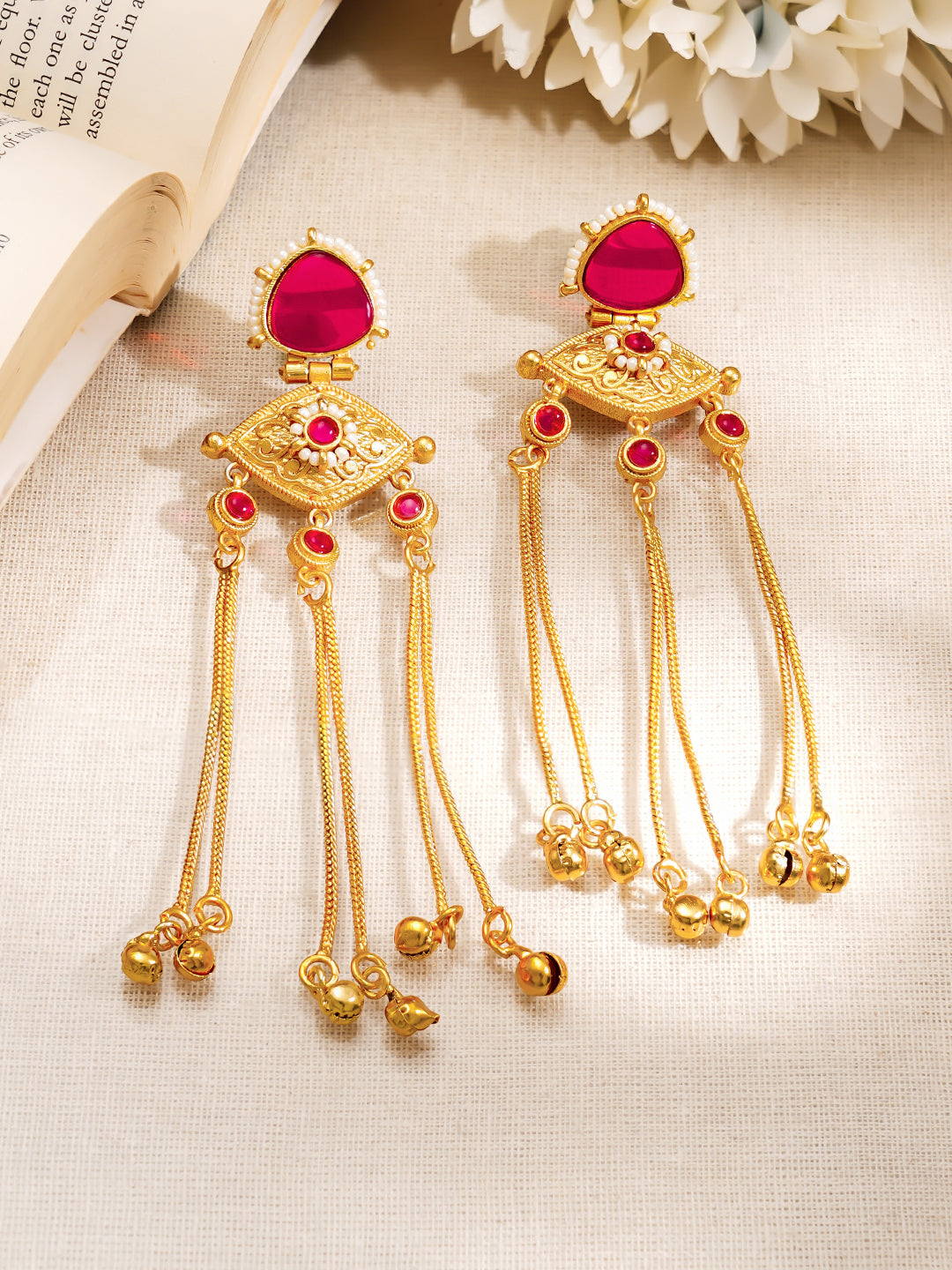 【Rubans】 Gold Plated Ruby Kashmiri Chain Dangler Earrings｜ゴールドメッキ ルビー カシミーリ チェーン ダングラー イヤリング