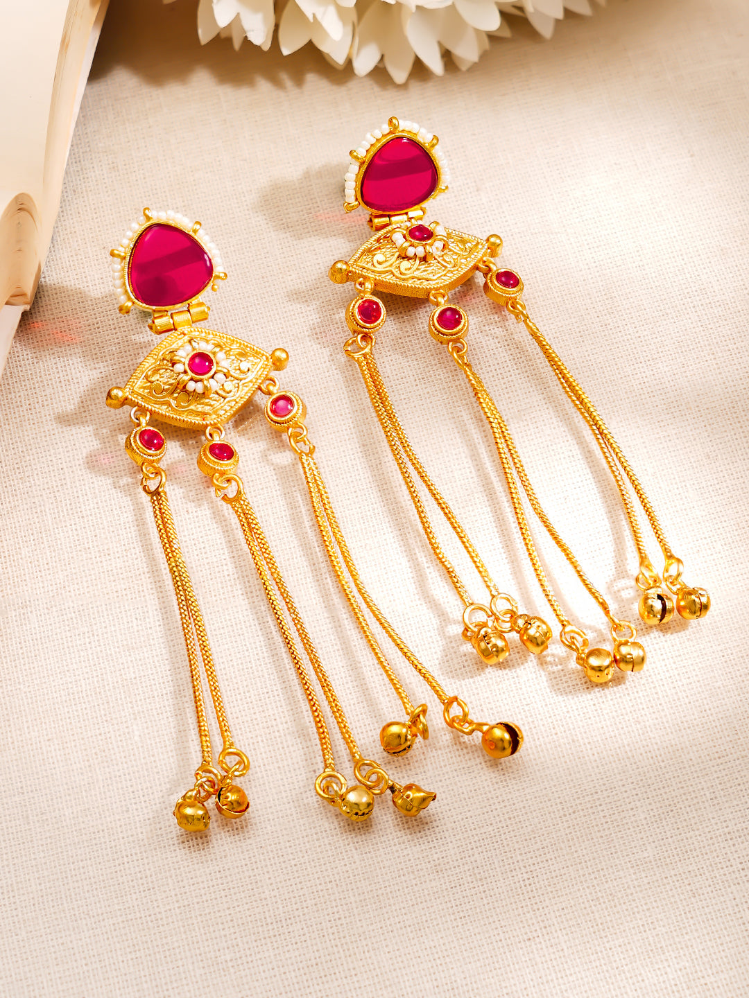 【Rubans】 Gold Plated Ruby Kashmiri Chain Dangler Earrings｜ゴールドメッキ ルビー カシミーリ チェーン ダングラー イヤリング