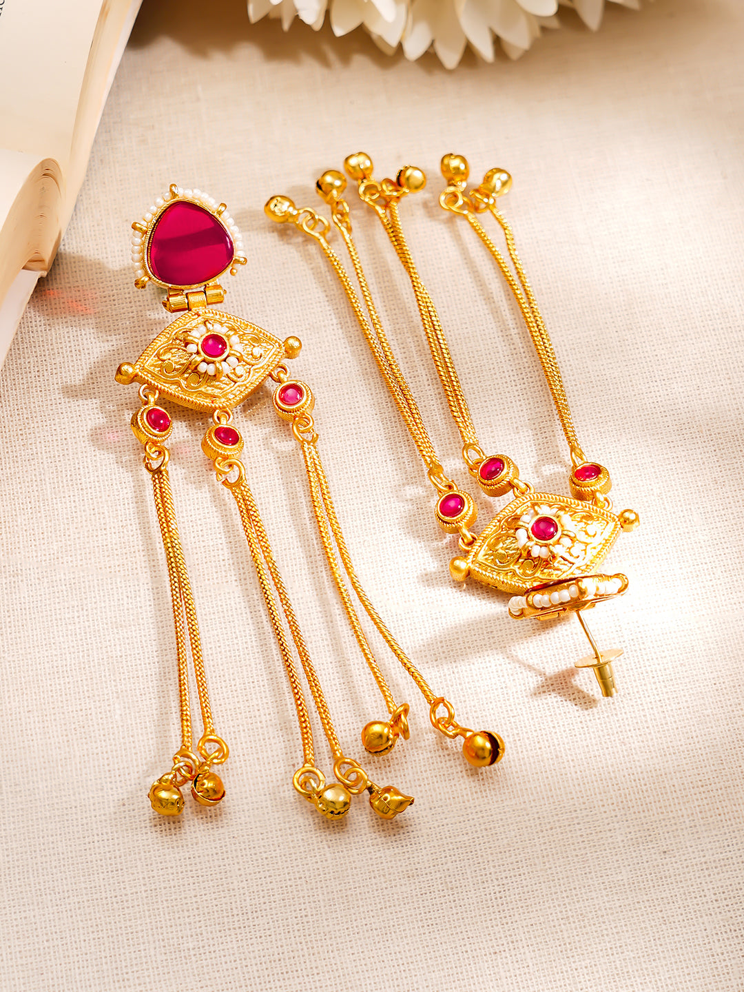 【Rubans】 Gold Plated Ruby Kashmiri Chain Dangler Earrings｜ゴールドメッキ ルビー カシミーリ チェーン ダングラー イヤリング