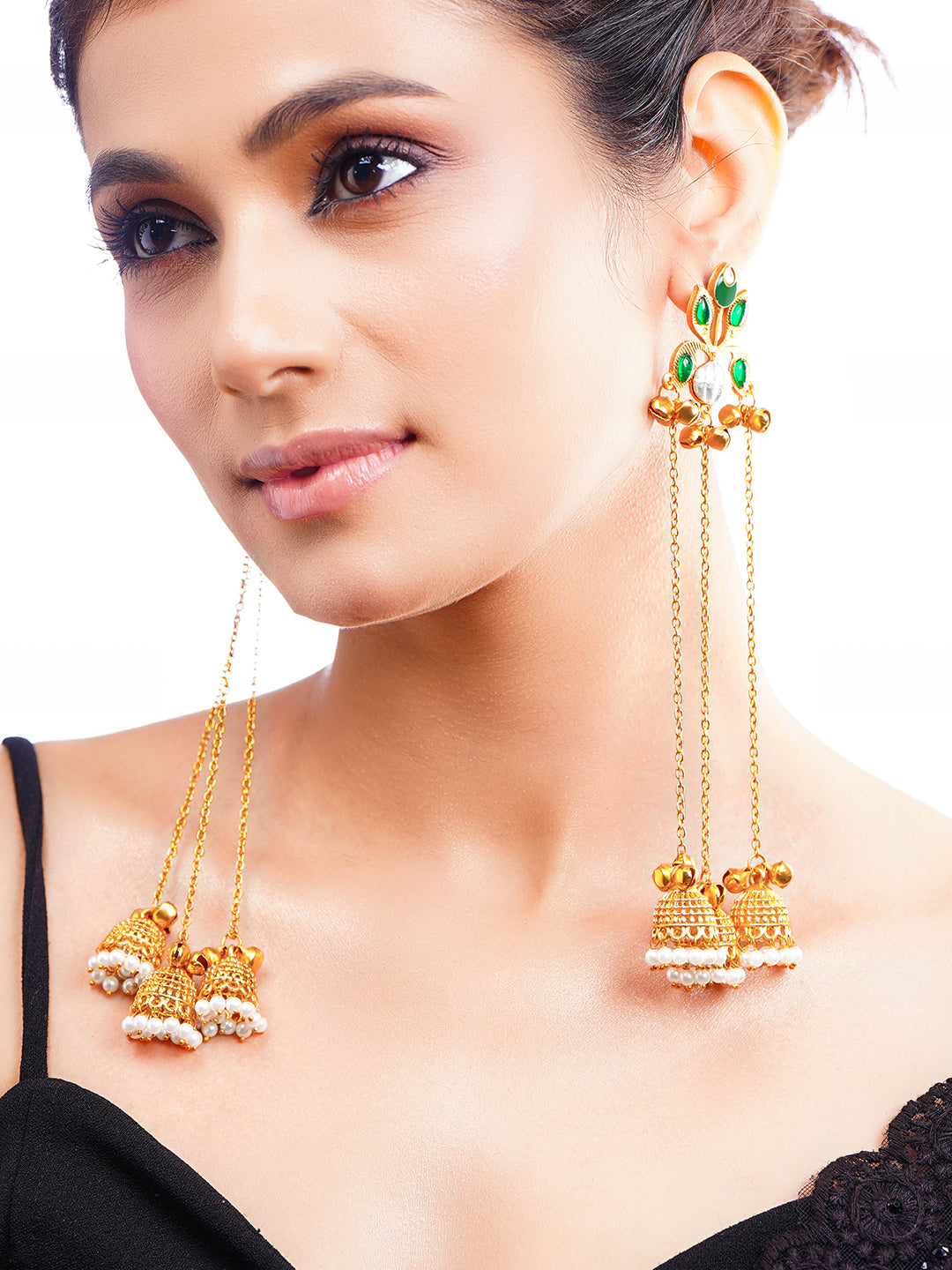 【Rubans】 Gold-Plated Green Kundan Chain Tassel Kashmiri Jhumka Earrings｜ゴールドメッキ グリーン クンダン チェーンタッセル カシミール ジュムカ イヤリング