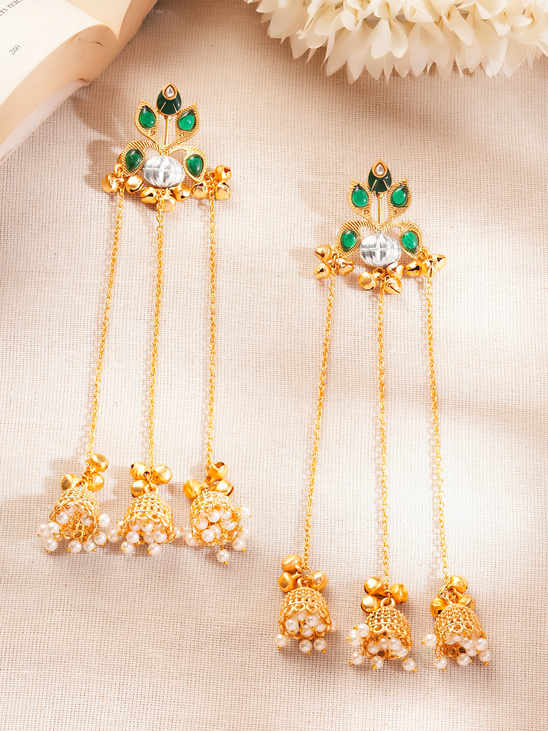 【Rubans】 Gold-Plated Green Kundan Chain Tassel Kashmiri Jhumka Earrings｜ゴールドメッキ グリーン クンダン チェーンタッセル カシミール ジュムカ イヤリング