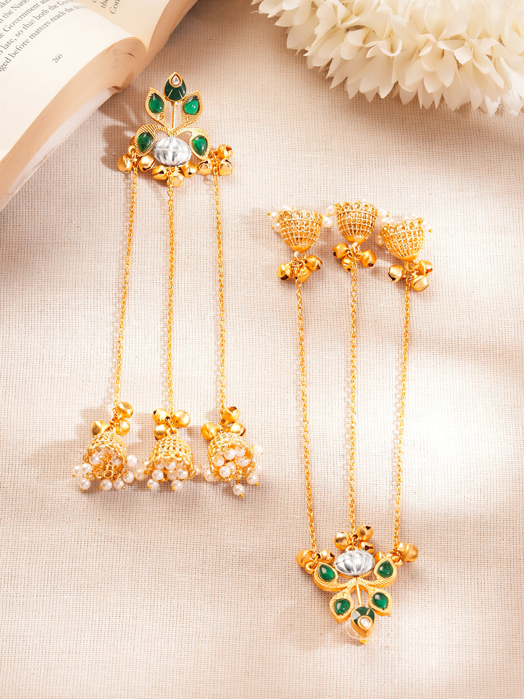 【Rubans】 Gold-Plated Green Kundan Chain Tassel Kashmiri Jhumka Earrings｜ゴールドメッキ グリーン クンダン チェーンタッセル カシミール ジュムカ イヤリング