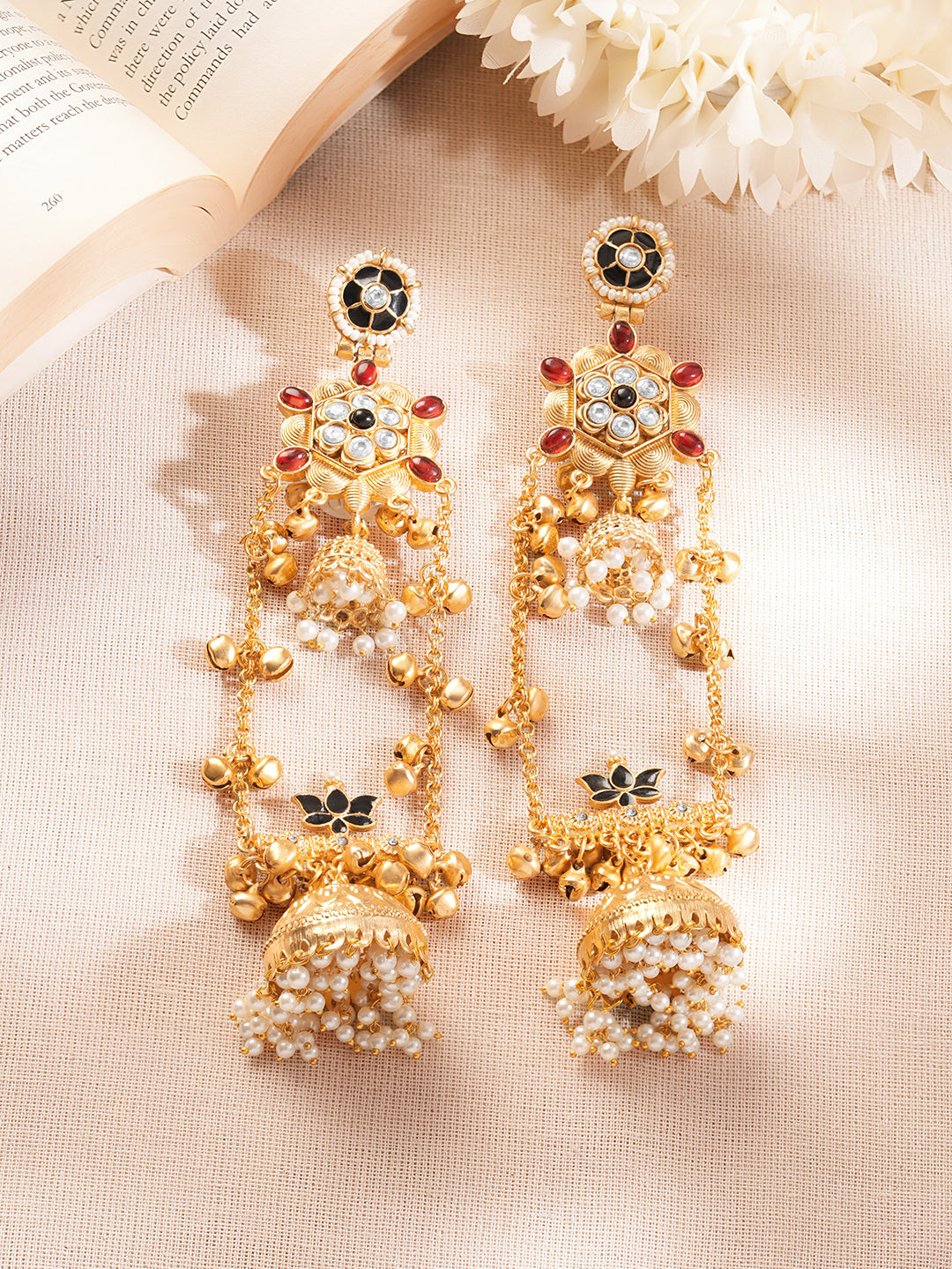 【Rubans】 Gold Plated Multicolor Pearl Jhumka Kashmiri Statement Earrings｜ゴールドメッキ マルチカラーパール ジュムカ カシミーリ ステートメント イヤリング