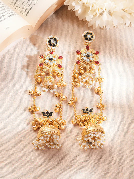 【Rubans】 Gold Plated Multicolor Pearl Jhumka Kashmiri Statement Earrings｜ゴールドメッキ マルチカラーパール ジュムカ カシミーリ ステートメント イヤリング