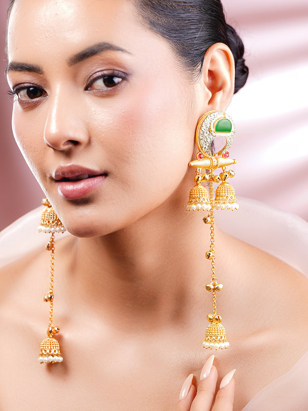 【Rubans】 Gold Plated Pearl & Ghungroo Beaded Kundan Kashmiri Dangler Earrings｜ゴールドメッキ パール＆グングルー クンダン カシミーリ ダングラー イヤリング