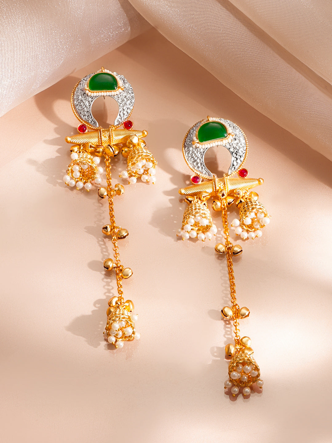 【Rubans】 Gold Plated Pearl & Ghungroo Beaded Kundan Kashmiri Dangler Earrings｜ゴールドメッキ パール＆グングルー クンダン カシミーリ ダングラー イヤリング