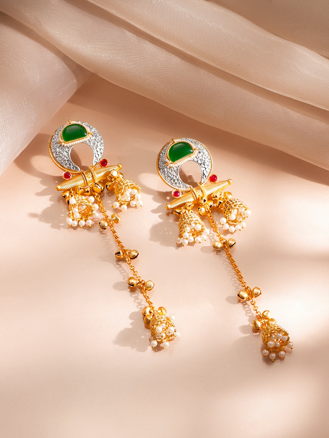 【Rubans】 Gold Plated Pearl & Ghungroo Beaded Kundan Kashmiri Dangler Earrings｜ゴールドメッキ パール＆グングルー クンダン カシミーリ ダングラー イヤリング