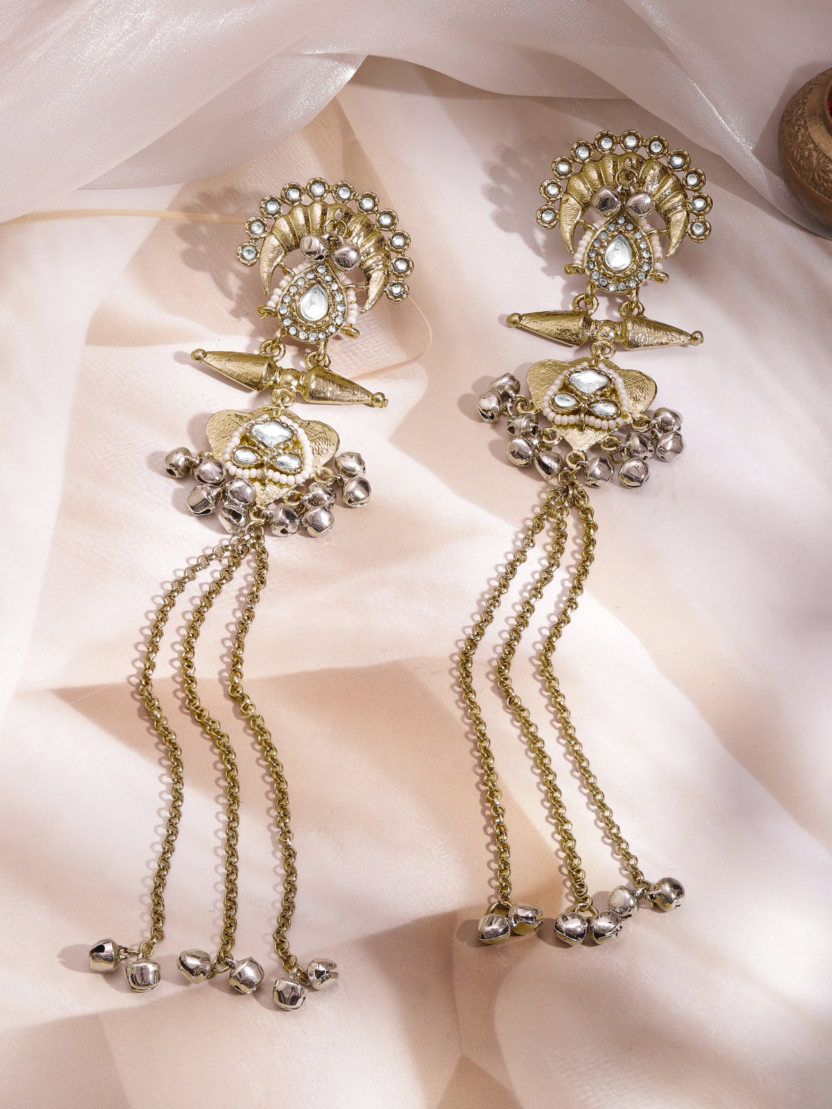 【Rubans】Gold Plated Kundan Pearl Long Tassel Earrings｜ゴールドメッキ クンダン パール ロング タッセルピアス