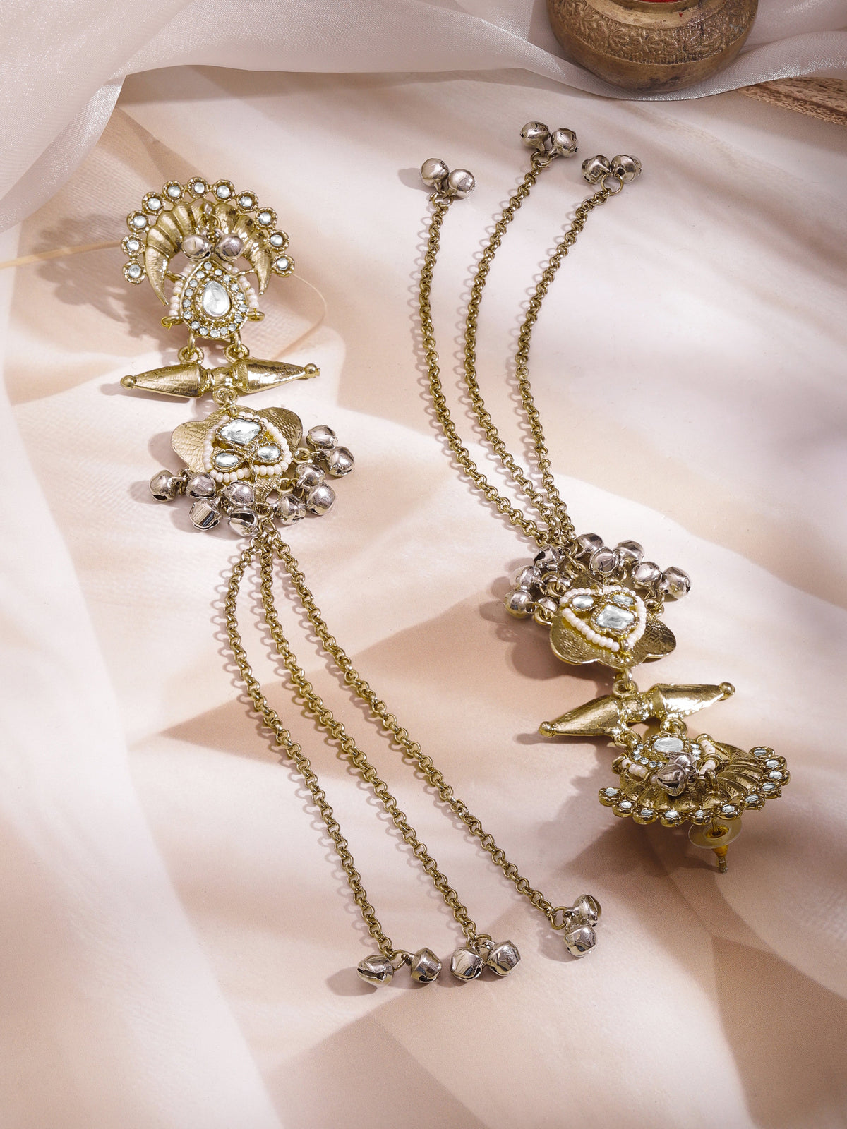 【Rubans】Gold Plated Kundan Pearl Long Tassel Earrings｜ゴールドメッキ クンダン パール ロング タッセルピアス