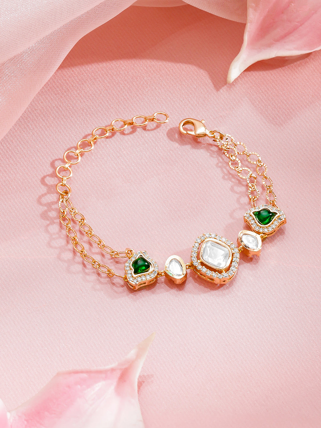 Green & White Studded Dual Chain Bracelet フリーサイズ