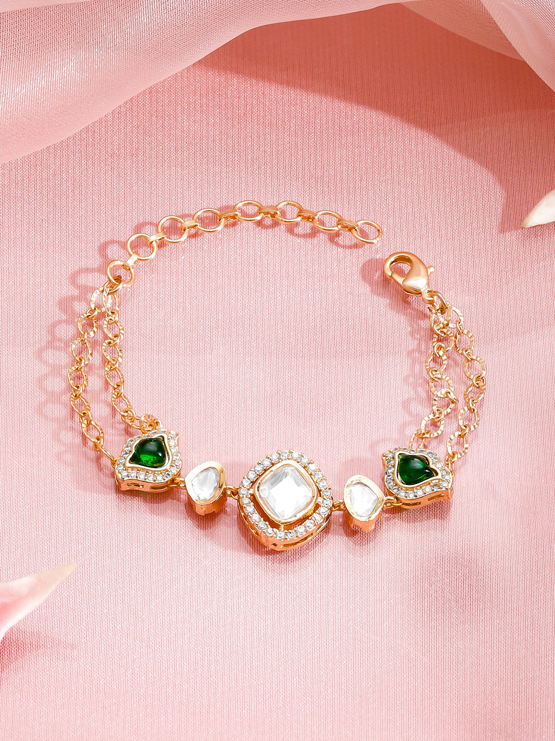 Green & White Studded Dual Chain Bracelet フリーサイズ