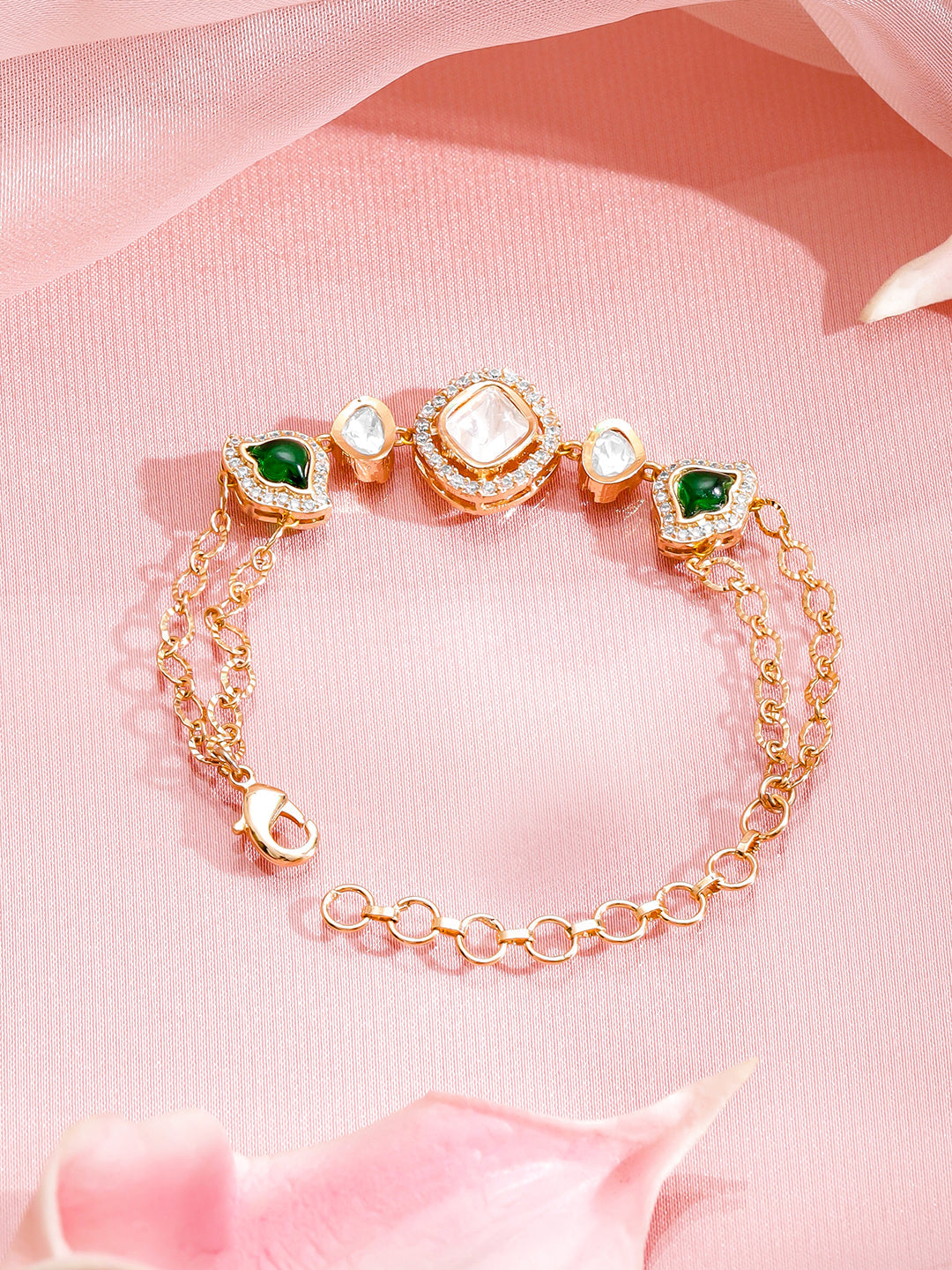 Green & White Studded Dual Chain Bracelet フリーサイズ