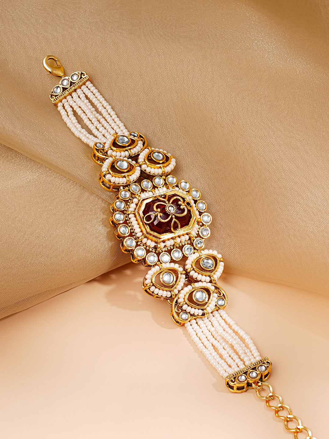 【Rubans】 Gold Plated Pearl Beaded Multi Strand Kundan Ruby Centered Bracelet｜ゴールドメッキ パールビーズ マルチストランド クンダン ルビーセンター ブレスレット