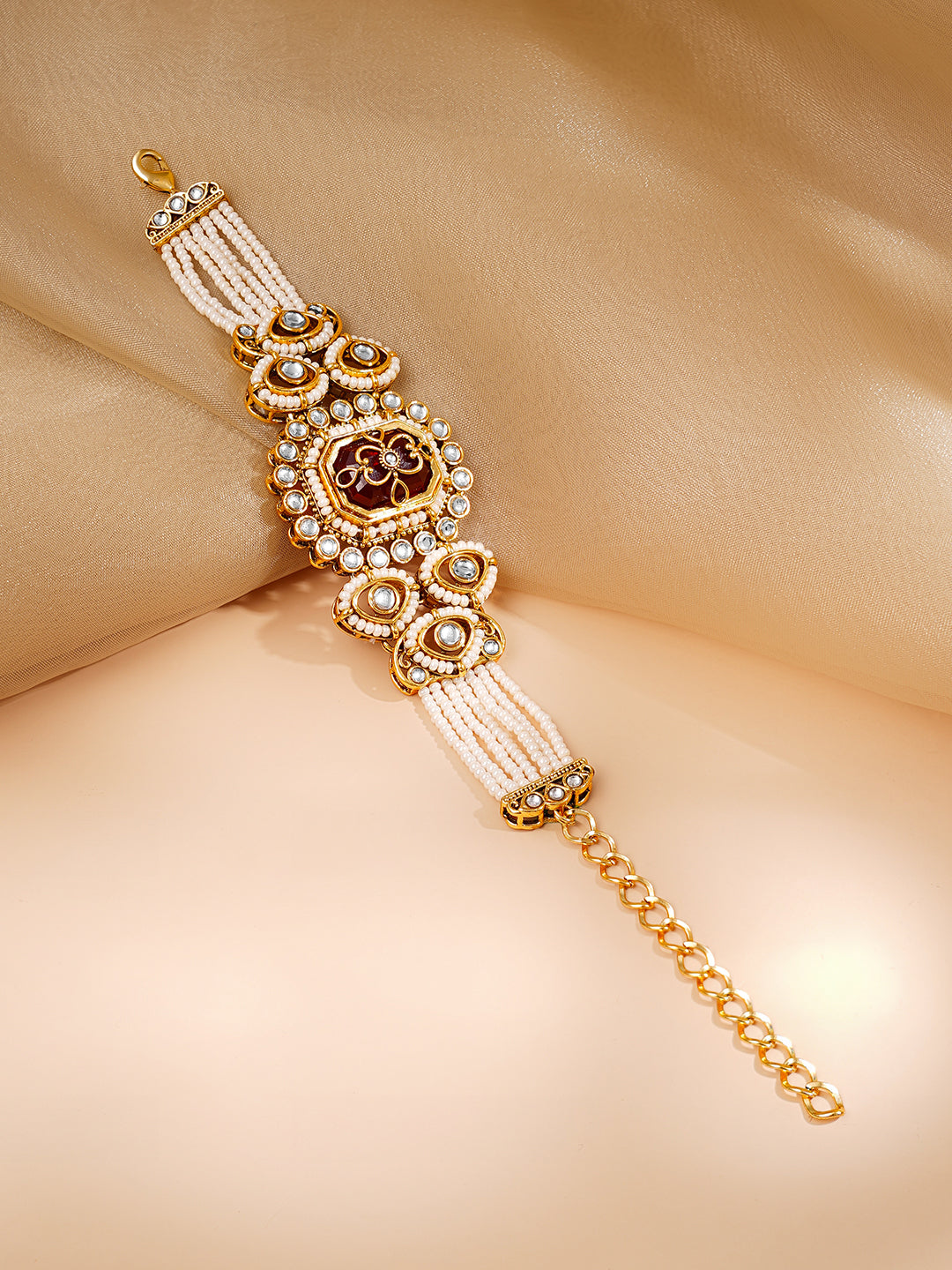 【Rubans】 Gold Plated Pearl Beaded Multi Strand Kundan Ruby Centered Bracelet｜ゴールドメッキ パールビーズ マルチストランド クンダン ルビーセンター ブレスレット