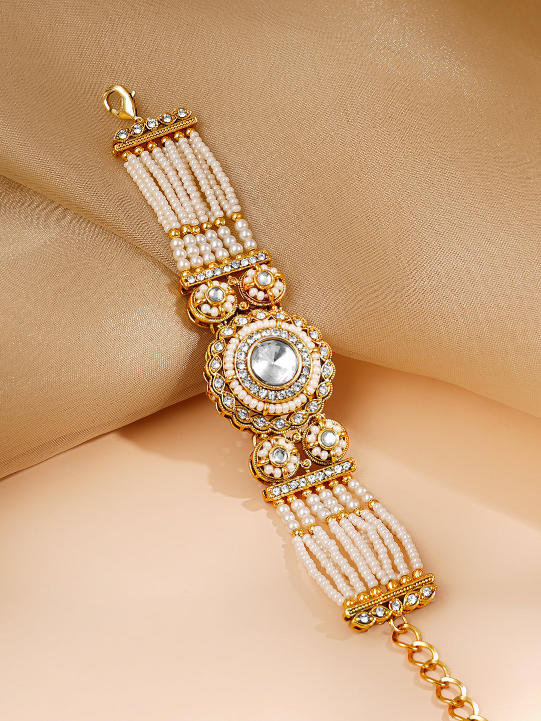 【Rubans】 Gold Plated Pearl Beaded Multi Strand Kundan Bracelet (Width 2.8 cm)｜ゴールドメッキ パールビーズ マルチストランド クンダン ブレスレット（幅 2.8 cm）