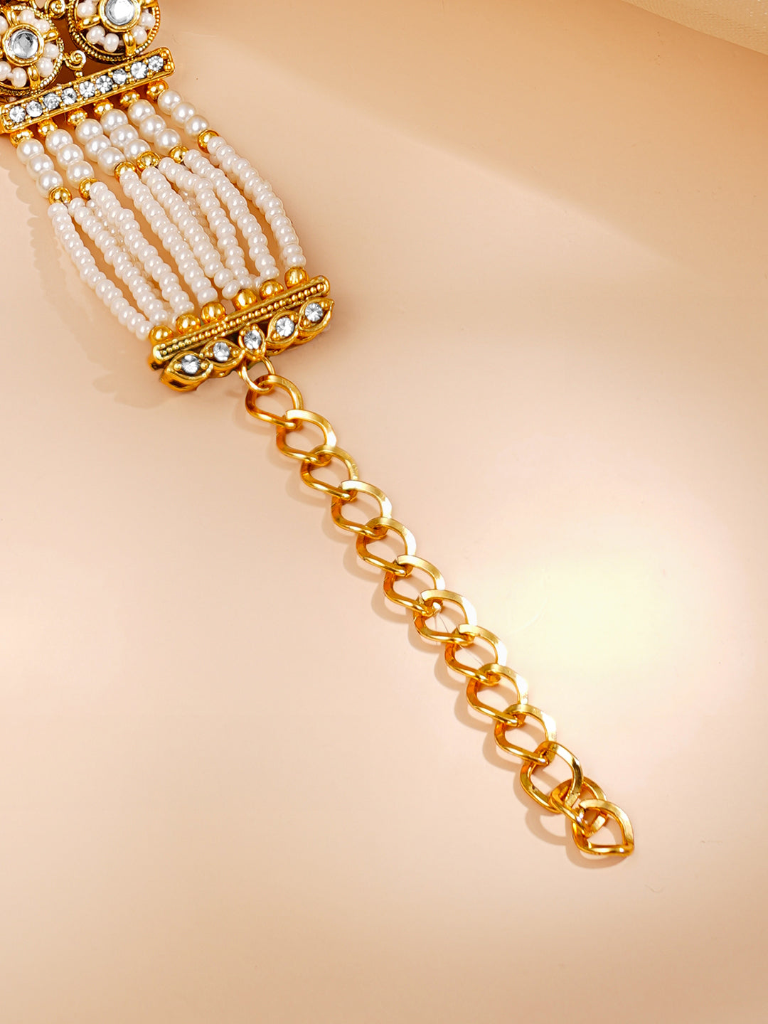 【Rubans】 Gold Plated Pearl Beaded Multi Strand Kundan Bracelet (Width 2.8 cm)｜ゴールドメッキ パールビーズ マルチストランド クンダン ブレスレット（幅 2.8 cm）