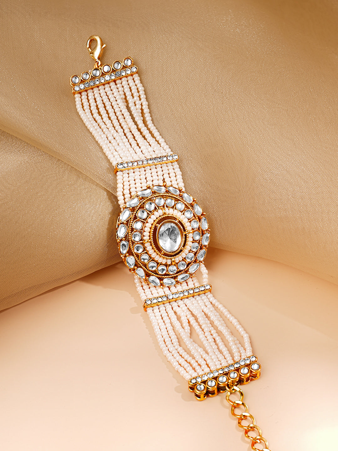 【Rubans】 Gold Plated Pearl Beaded Multi Strand Kundan Bracelet (Width 3.2 cm)｜ゴールドメッキ パールビーズ マルチストランド クンダン ブレスレット（幅 3.2 cm）