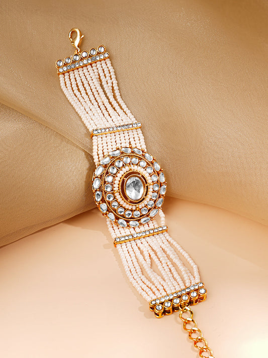 【Rubans】 Gold Plated Pearl Beaded Multi Strand Kundan Bracelet (Width 3.2 cm)｜ゴールドメッキ パールビーズ マルチストランド クンダン ブレスレット（幅 3.2 cm）