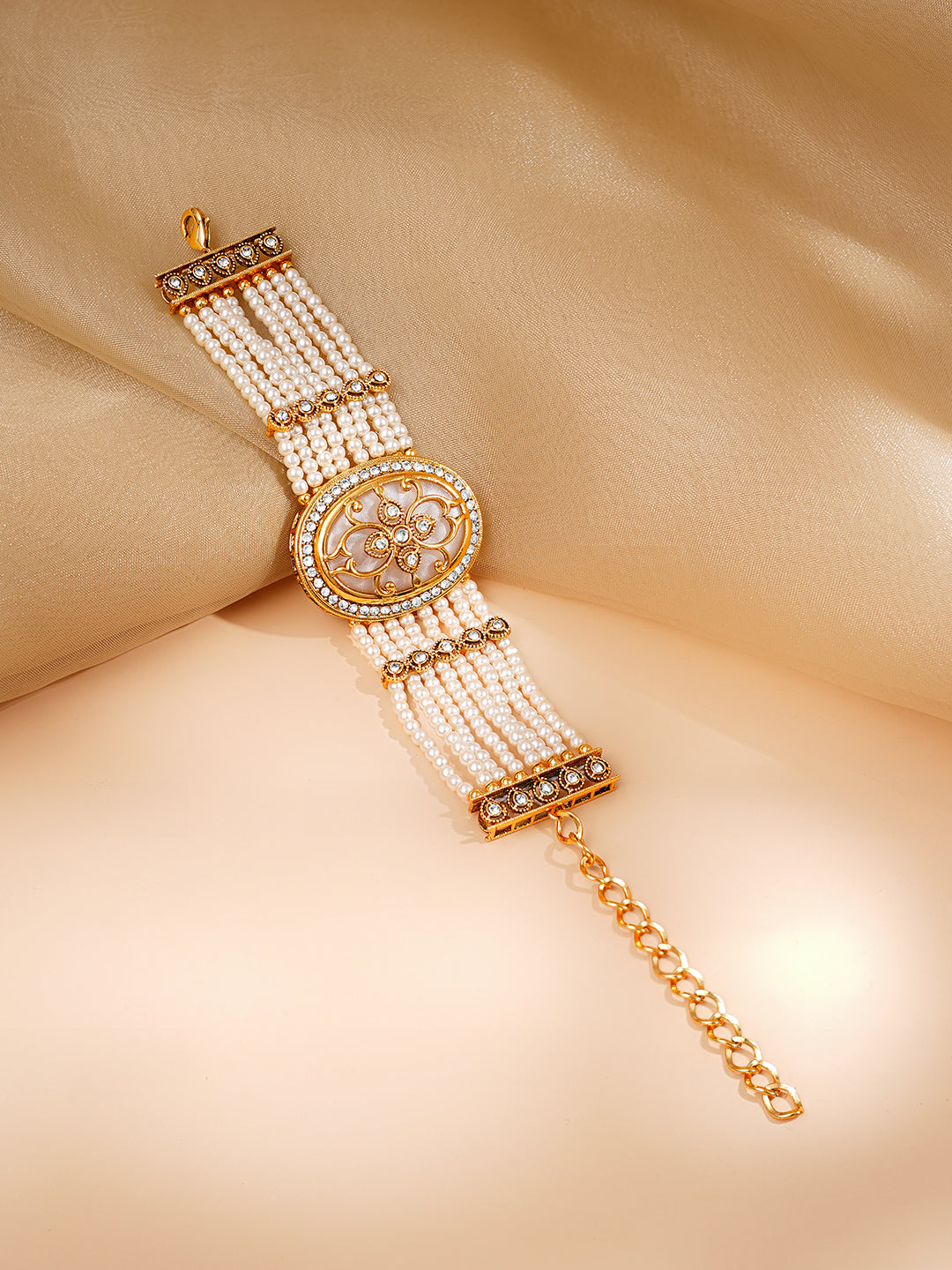 【Rubans】 Gold Plated Pearl Beaded Multi Strand Kundan Bracelet (Width 3.6 cm)｜ゴールドメッキ パールビーズ マルチストランド クンダン ブレスレット（幅 3.6 cm）