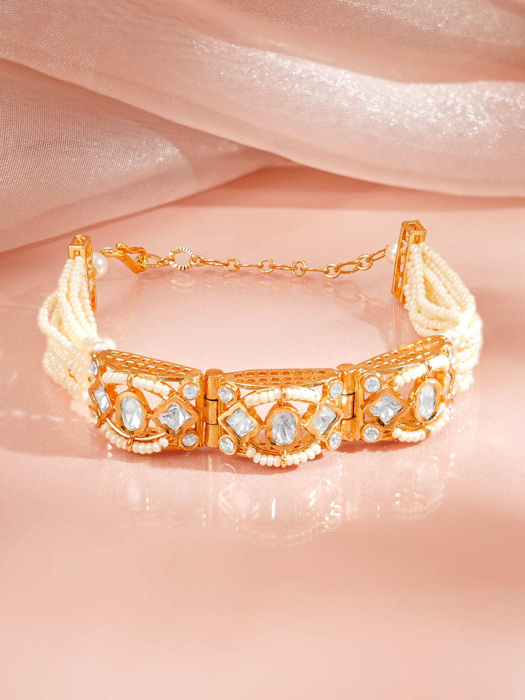 【Rubans】 Gold Plated Pearl Beaded Kundan Bracelet｜ゴールドメッキ パールビーズ クンダン ブレスレット