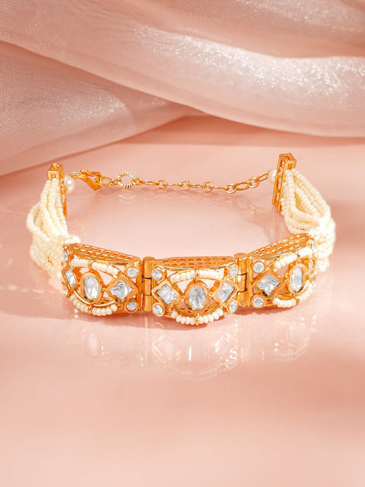 【Rubans】 Gold Plated Pearl Beaded Kundan Bracelet｜ゴールドメッキ パールビーズ クンダン ブレスレット