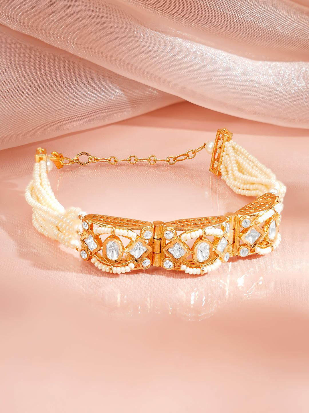 【Rubans】 Gold Plated Pearl Beaded Kundan Bracelet｜ゴールドメッキ パールビーズ クンダン ブレスレット
