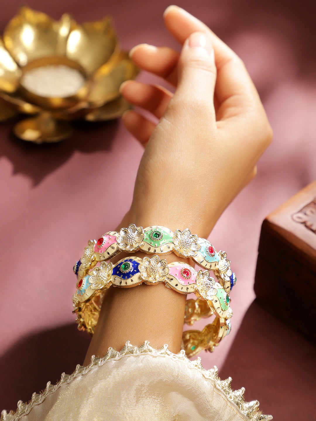 Rubans Set of 2 18K Gold-Plated Multicolor Enamel & Stone-Studded Floral Design Bangles 2.4 - Small