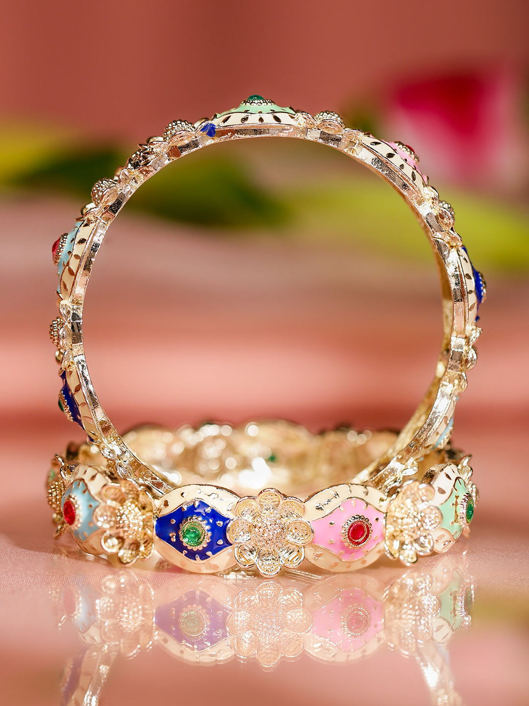 Rubans Set of 2 18K Gold-Plated Multicolor Enamel & Stone-Studded Floral Design Bangles 2.4 - Small