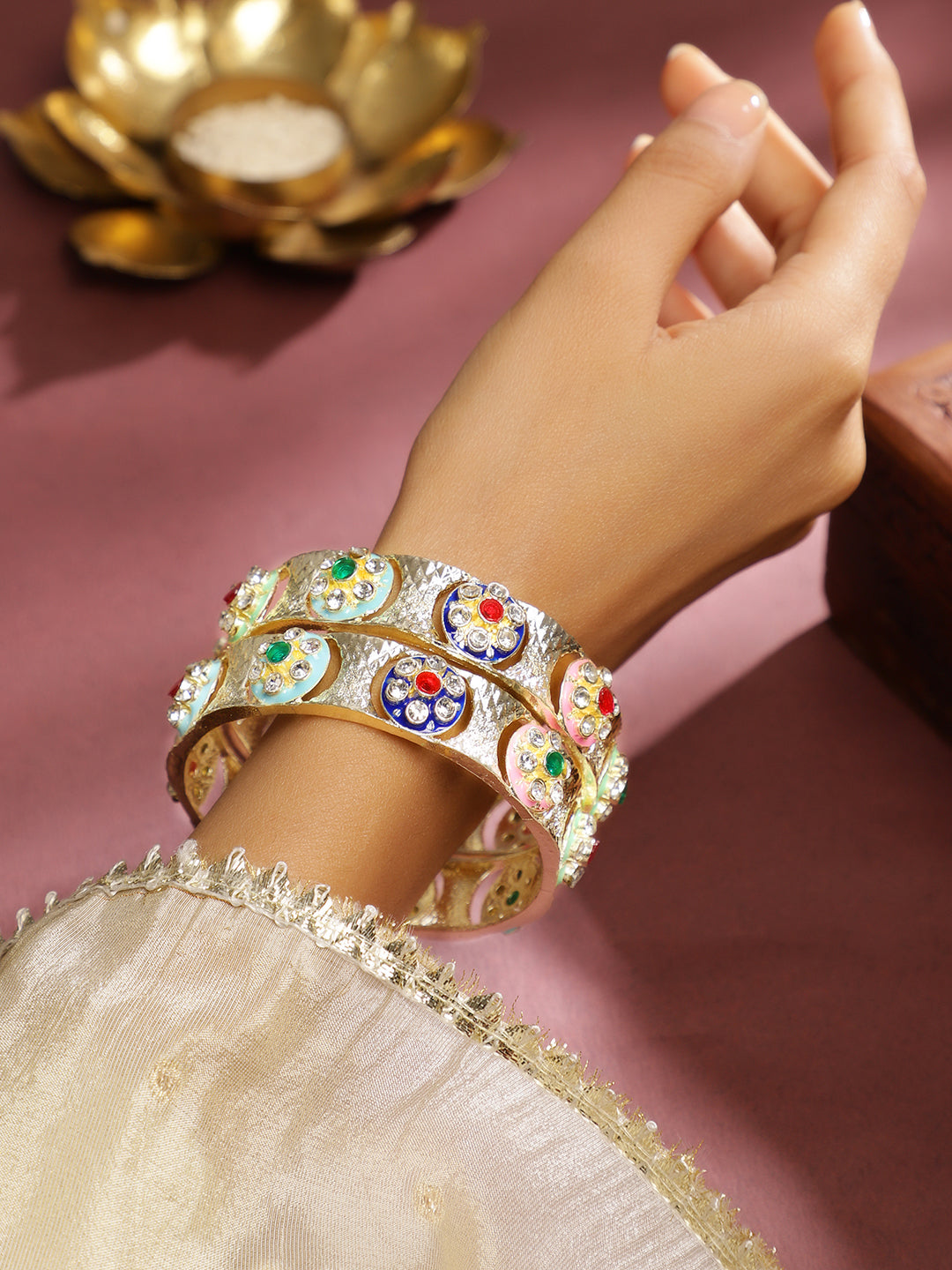 Rubans Set of 2 18K Gold-Plated Multicolor Enamel & Cubic Zirconia Studded Bangles 2.4 - Small