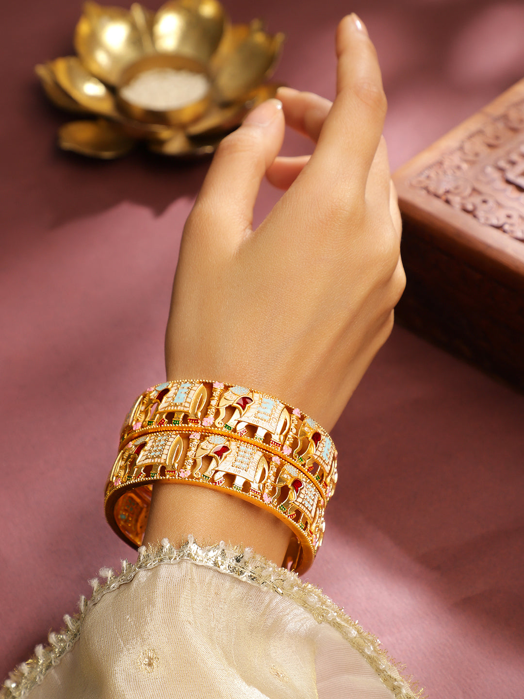 Multicolor Elephant Motif Golden Bangles Set of 2 2.4 - Small